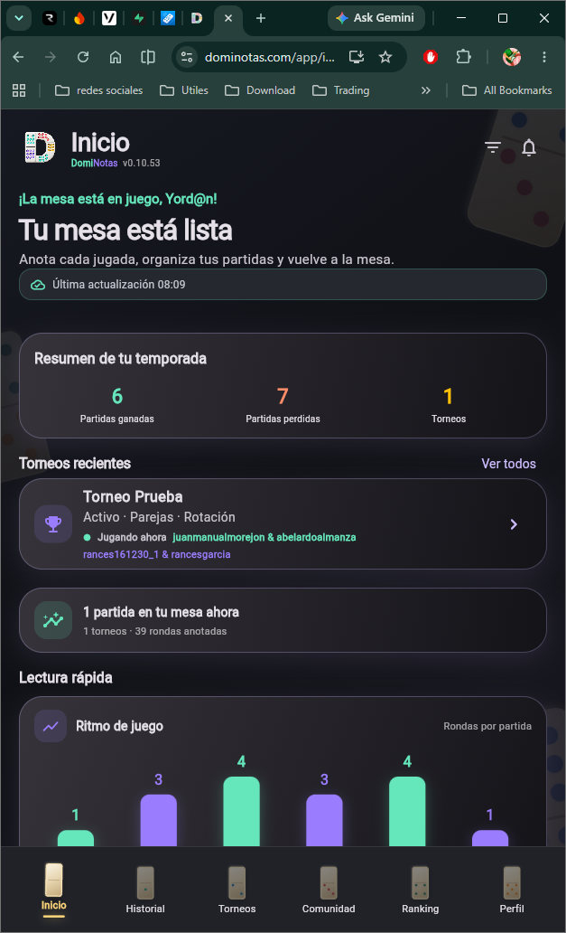 Pantalla de inicio de Dominotas