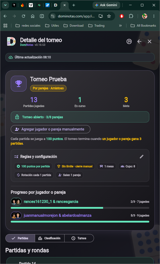 Detalle de torneo en Dominotas